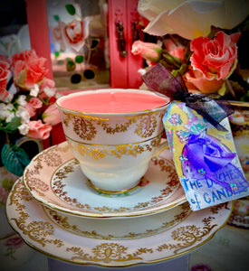 Gorgeous Vintage Baby Pink & gold Filigree Teacup Scented Soy set