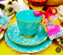 Load image into Gallery viewer, Beautiful 1950s Harlequin Turquoise Royal English Teacup soy candle
