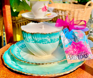 Ornate Antique Continental Turquoise scalloped Tea Cup Scented Soy candle