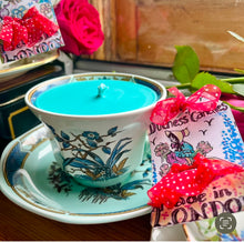 Load image into Gallery viewer, Beautiful Adam’s Turquoise Floral Teacup scented Soy Candle
