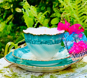 Ornate Antique Continental Turquoise scalloped Tea Cup Scented Soy candle